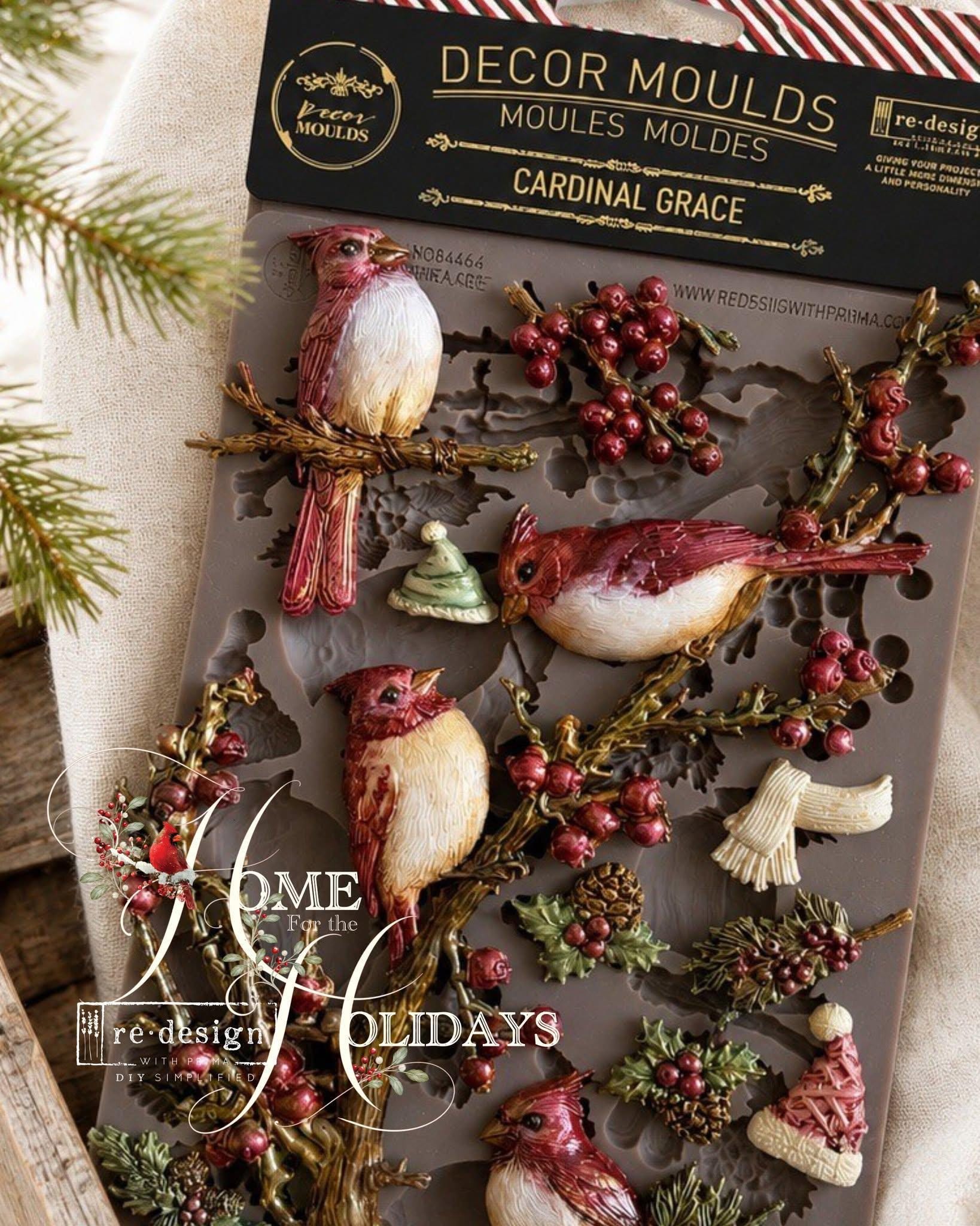 Nature Theme Silicone Mold Woodland Bird Design Cardinal Casting Tool Christmas Crafting Supplies Pine Branch Berry Elements Holly Pinecone Details Resin Casting Projects Furniture Restoration Supplies Holiday Ornament Making Winter