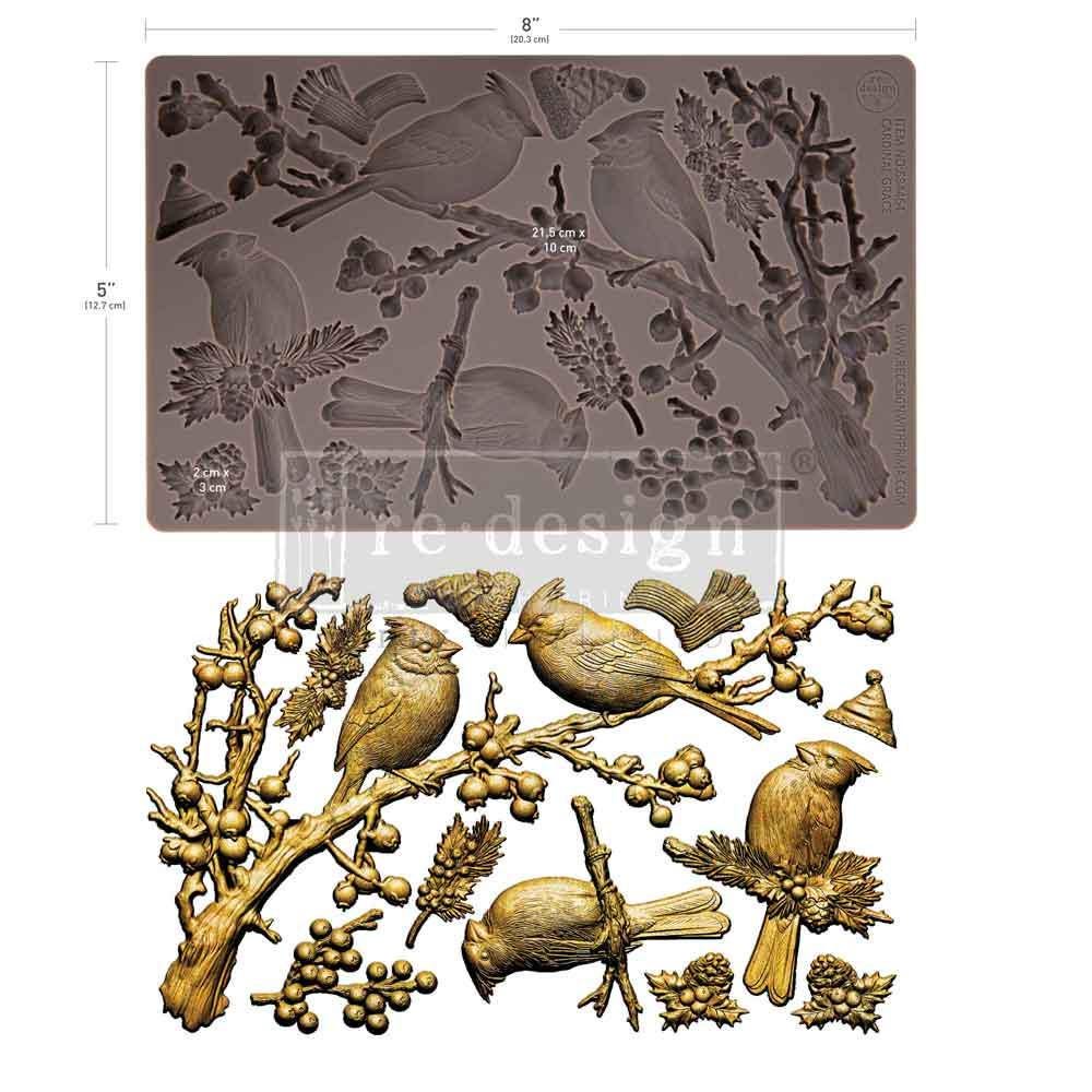 Cardinal Silicone Mold Christmas Crafting Supplies Resin Casting Tool Holiday Ornament Making Bird Design Furniture Restoration Pine Branch Elements Berry Accents Winter Seasonal Styling DIY Projects Mixed Media Art Supplies Professional