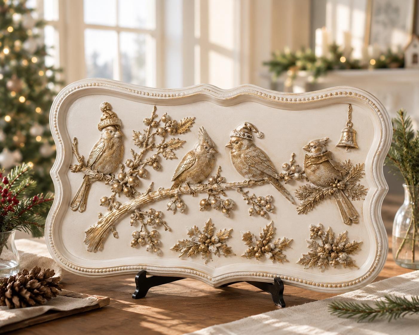 DIY Holiday Mold Cardinal Silicone Casting Tool Christmas Gift Making Supplies Seasonal Home Styling Winter Ornament Crafting Bird Design Furniture Restoration Mixed Media Art Projects Pine Branch Berry Elements Professional Grade Material